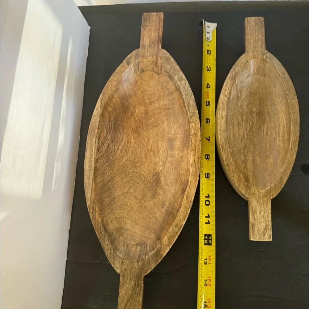 Vintage Pier One Wooden Oval Serving Bowls W/ Handles set of 2
